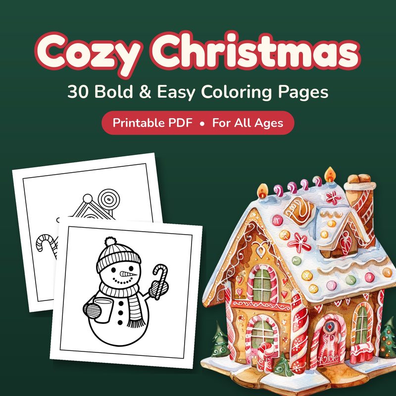 Cozy Christmas coloring book cover with a gingerbread house
