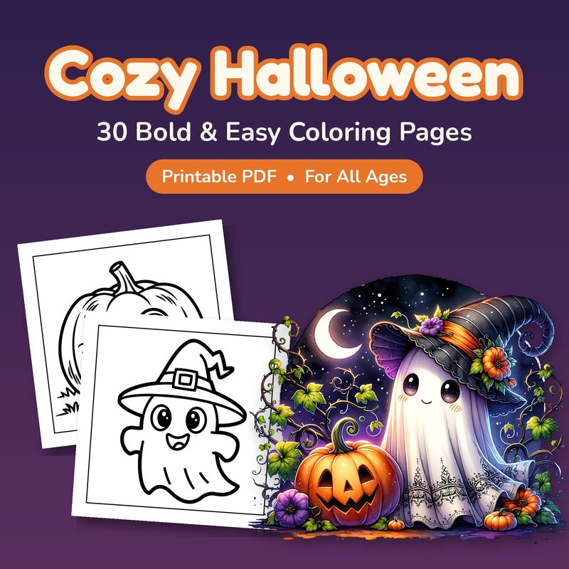 Cozy Halloween coloring book cover with a friendly ghost and pumpkin